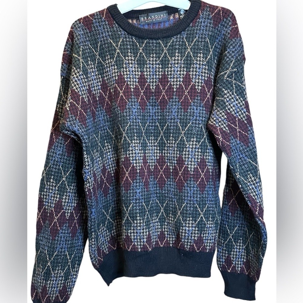 Brandini Italy Men's‎ 100% Merino Wool Black, Grey and Blue Geometric Sweater L